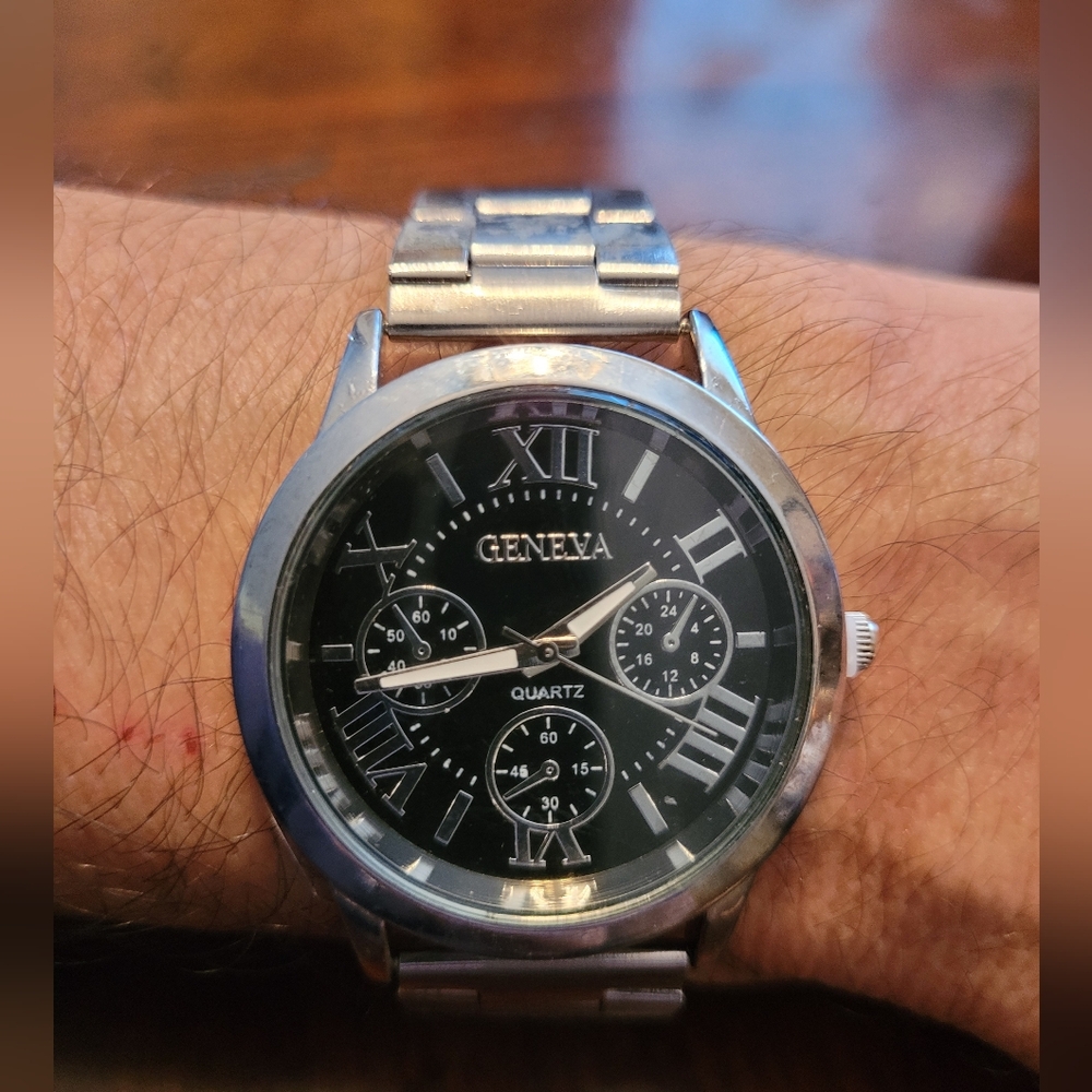Geneva Black Dial Silver Band Watch